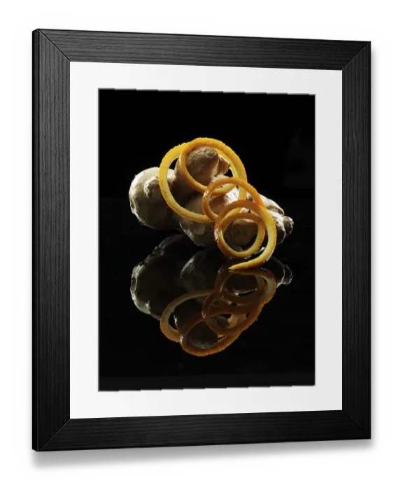 Framed Print : Orange peel, ginger tuber, fruit and vegetable decoration on black background