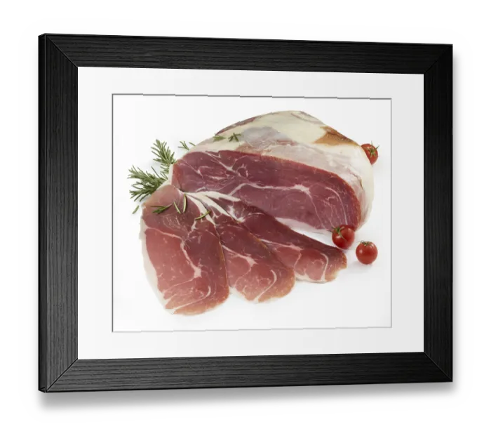 Framed Print : Raw ham, decorated with tomatoes and rosemary