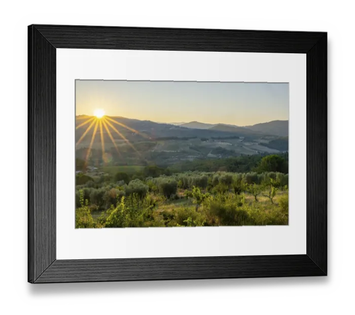 Framed Print : Tuscan landscape at sunrise, country estate with vineyards