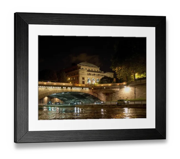 Framed Print : Illuminated historical building and bridge with reflected light in the water Framed Print : Illuminated historical building and bridge with reflected light in the water