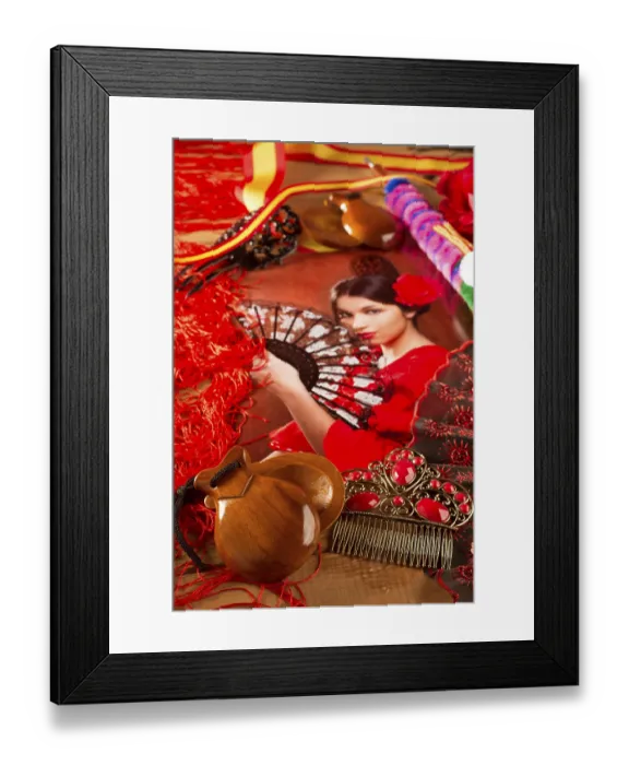 Framed Print : Flamenco woman with bullfighter and typical Spain Espana elements like castanets fan and comb