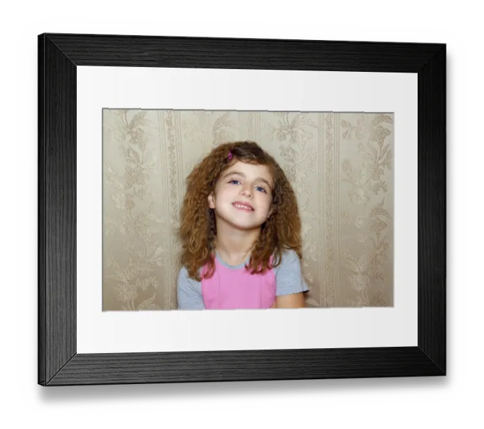Framed Print : Little girl happy with funny expression on vintage retro wallpaper