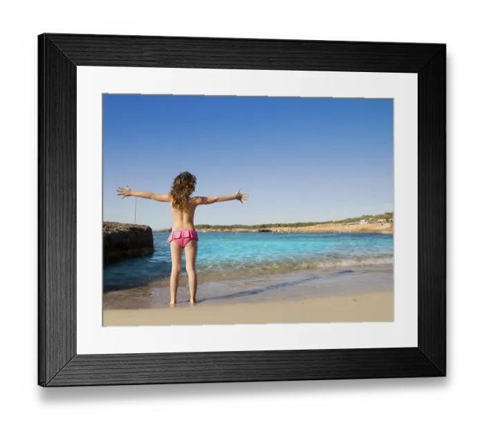 Framed Print : Ibiza Cala Conta beach open arms little girl happy in summer vacation