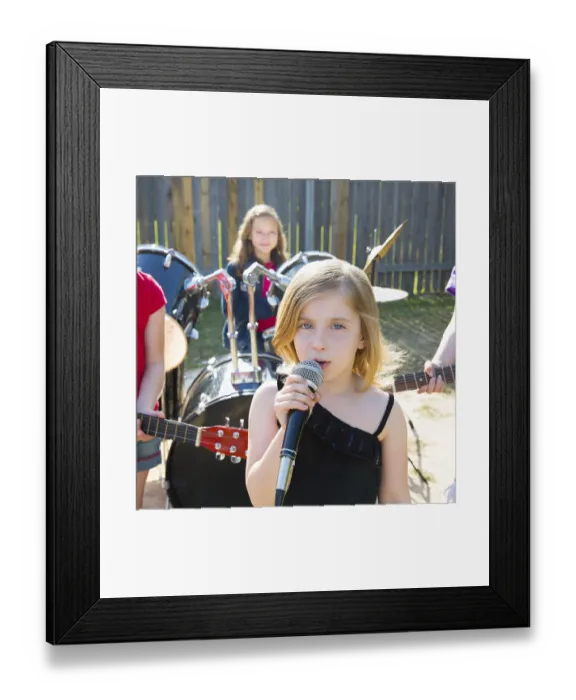 Framed Print : Blond kid singer girl singing playing live band in backyard concert with friends