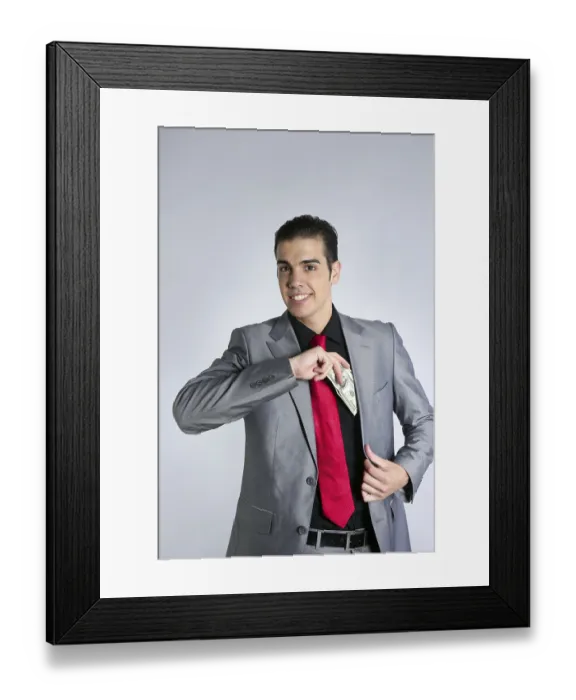 Framed Print : Businessman young with dollar notes suit and tie on gray background Framed Print : Businessman young with dollar notes suit and tie on gray background