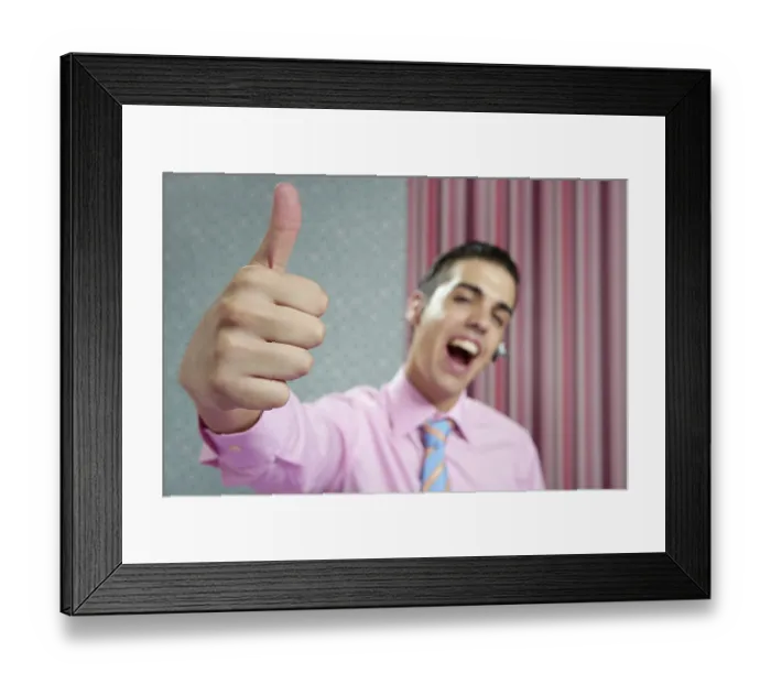 Framed Print : Businessman young with okay sign in his hand over wallpaper background