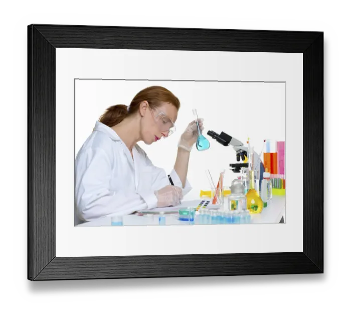 Framed Print : Chemical laboratory scientist woman working with glass flask