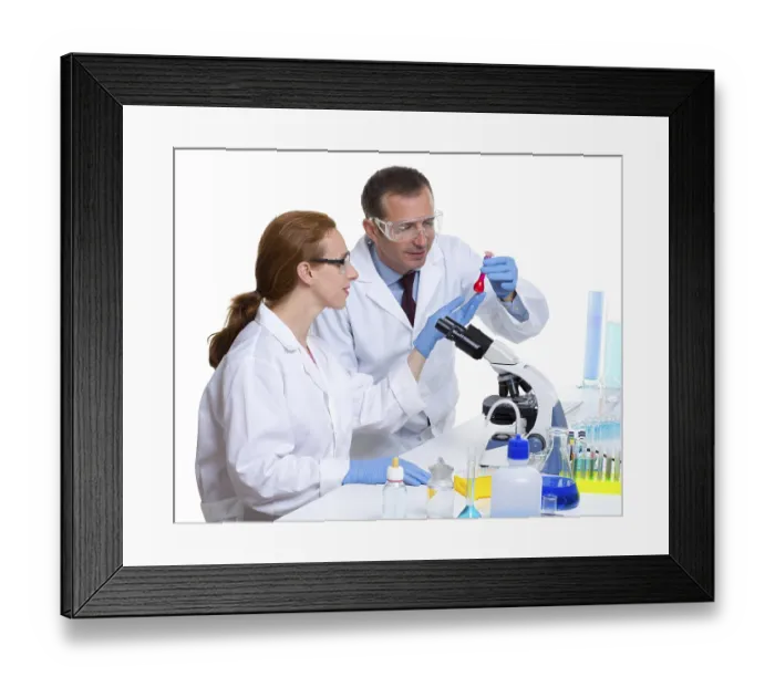 Framed Print : Laboratory with two scientist working with test tubes flask and microscope Framed Print : Laboratory with two scientist working with test tubes flask and microscope