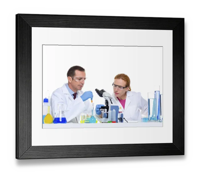 Framed Print : Chemical laboratory with two scientist working with test tubes and microscope Framed Print : Chemical laboratory with two scientist working with test tubes and microscope