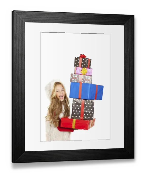 Framed Print : Girl with christmas present gifts stacked on white background