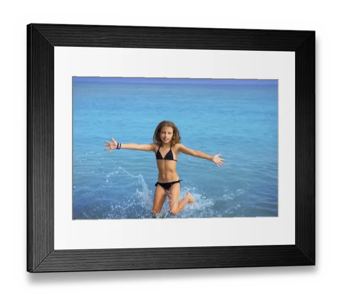 Framed Print : Blue beach kid girl with bikini jumping and running splashing water