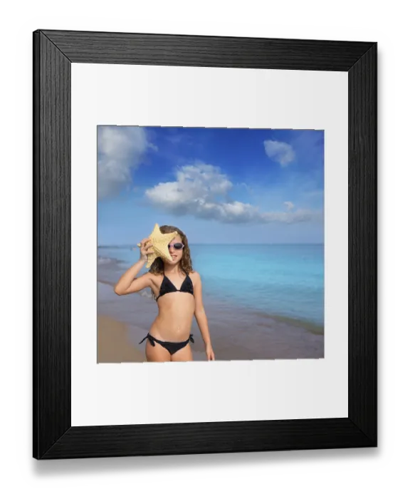 Framed Print : Blue beach kid girl with bikini starfish and sunglasses at summer vacations