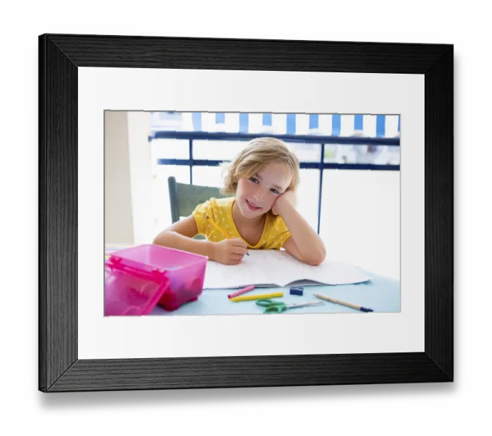 Framed Print : Child student kid girl happy smiling with homework on desk table