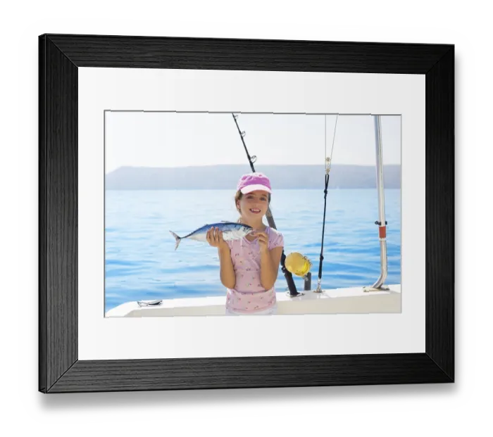 Framed Print : Child little girl fishing in boat holding little tunny tuna fish catch with rod and trolling reels Framed Print : Child little girl fishing in boat holding little tunny tuna fish catch with rod and trolling reels