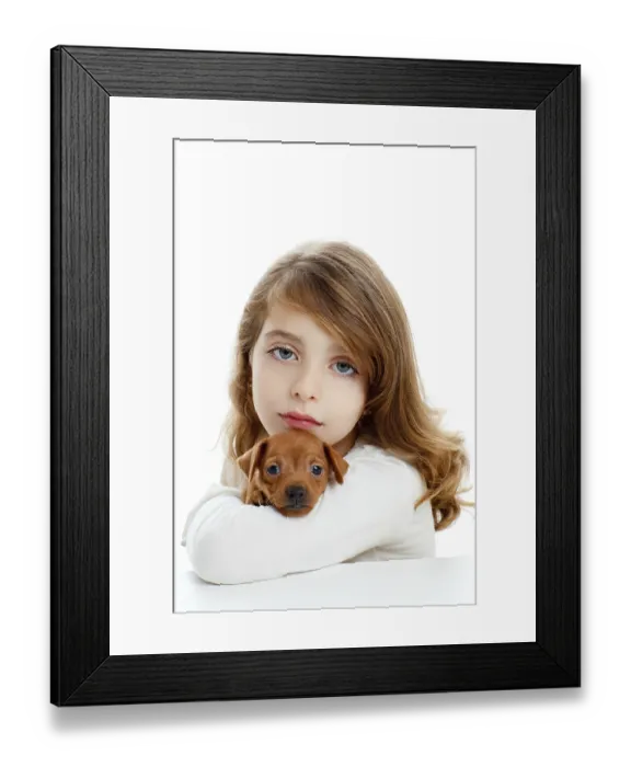 Framed Print : Brunette kid girl with puppy dog mascot mini pinscher on white background Framed Print : Brunette kid girl with puppy dog mascot mini pinscher on white background
