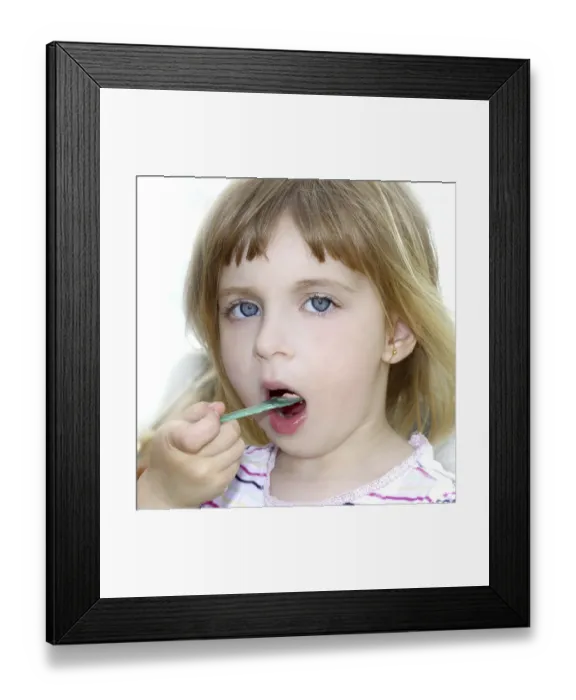 Framed Print : Blond little girl eating ice cream color spoon portrait