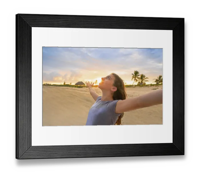 Framed Print : Open arms girl at sunset caribbean beach in Mexico