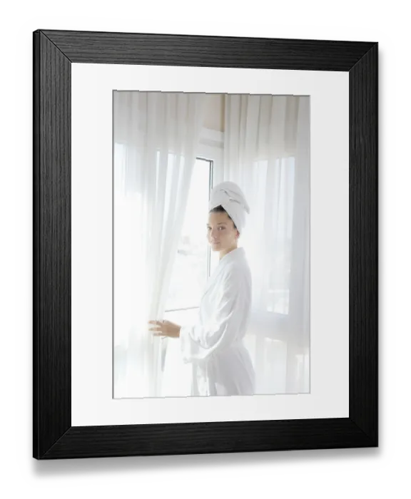 Framed Print : Bathrobe happy woman sunny hotel window white curtains Framed Print : Bathrobe happy woman sunny hotel window white curtains