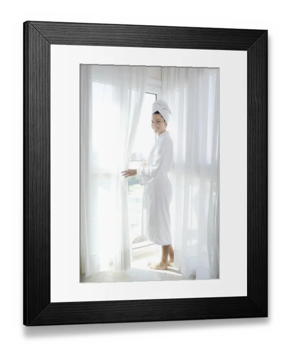 Framed Print : Bathrobe happy woman sunny hotel window white curtains