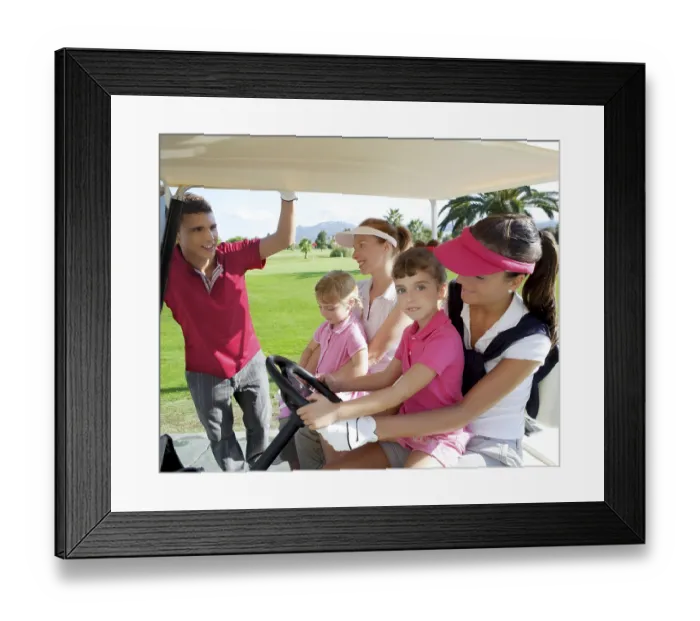 Framed Print : Golf course mothers and daughters in buggy talking father