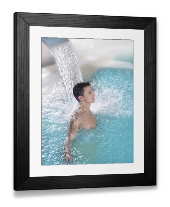 Framed Print : Spa hydrotherapy man waterfall jet turquoise swimming pool water Framed Print : Spa hydrotherapy man waterfall jet turquoise swimming pool water