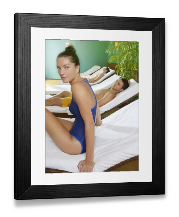 Framed Print : Spa relax room hammock row beautiful girl and men in background