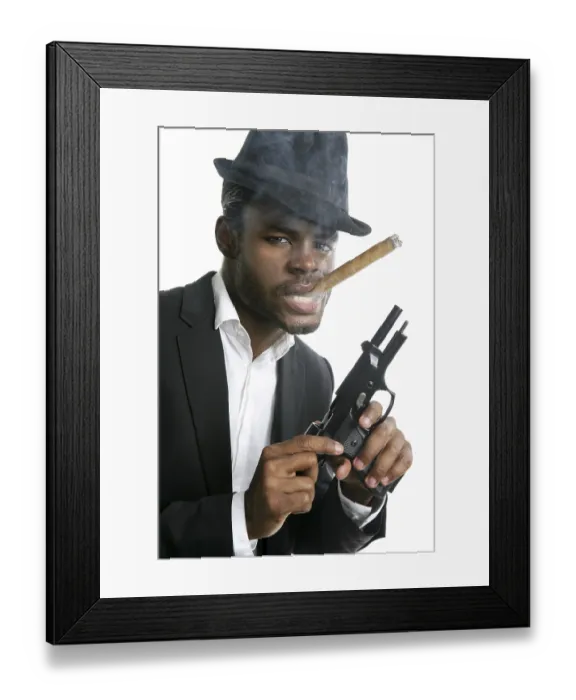 Framed Print : African american mafia man smoking cigar with handgun portrait Framed Print : African american mafia man smoking cigar with handgun portrait