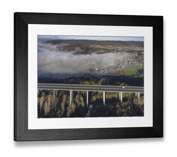 Framed Print : Aerial view, fog at the Hunenburg viaduct of the A46 motorway in the Oventrop district of Arnsberg