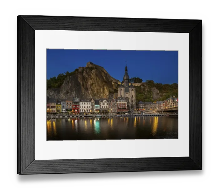 Framed Print : Citadel and 13th-century Collegiate Church of Notre Dame de Dinant in the city along the river Meuse at dusk Framed Print : Citadel and 13th-century Collegiate Church of Notre Dame de Dinant in the city along the river Meuse at dusk