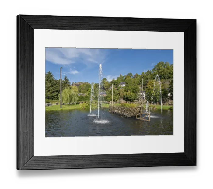 Framed Print : Rompre city park and ruined medieval castle in the town La Roche-en-Ardenne in summer