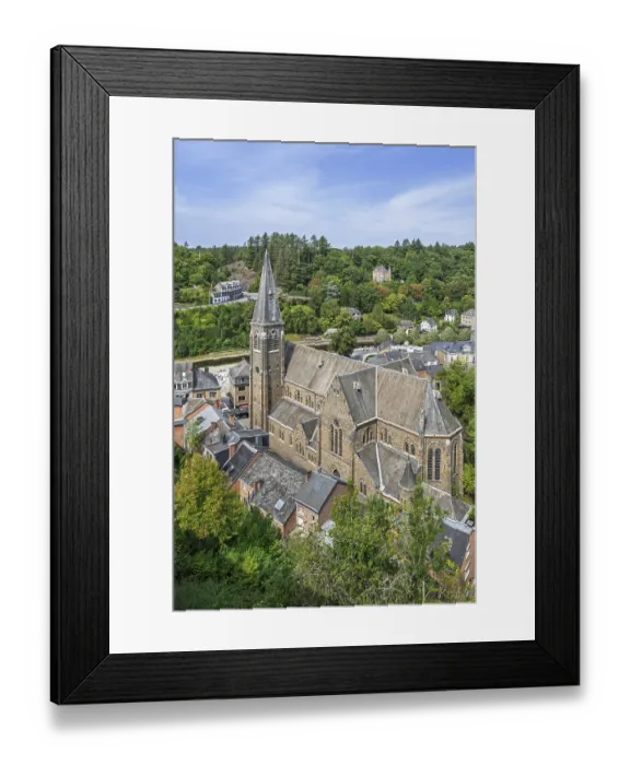 Framed Print : St. Nicholas Church seen from the castle ruins in the city La Roche-en-Ardenne in summer Framed Print : St. Nicholas Church seen from the castle ruins in the city La Roche-en-Ardenne in summer
