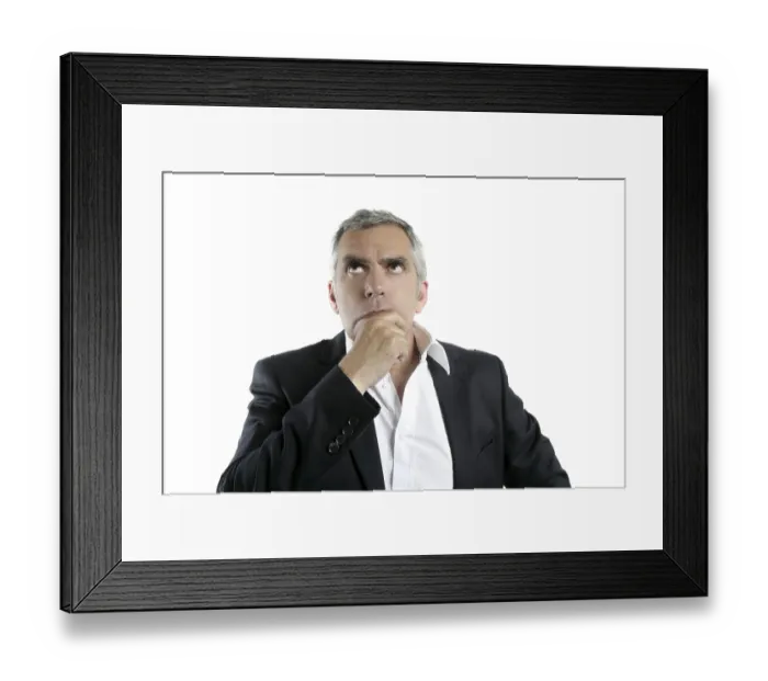Framed Print : Senior thinking serious gesture businessman hand in face gray hair