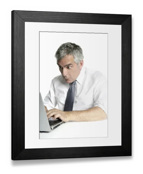 Framed Print : Surprise gesture senior businessman working laptop computer white desk