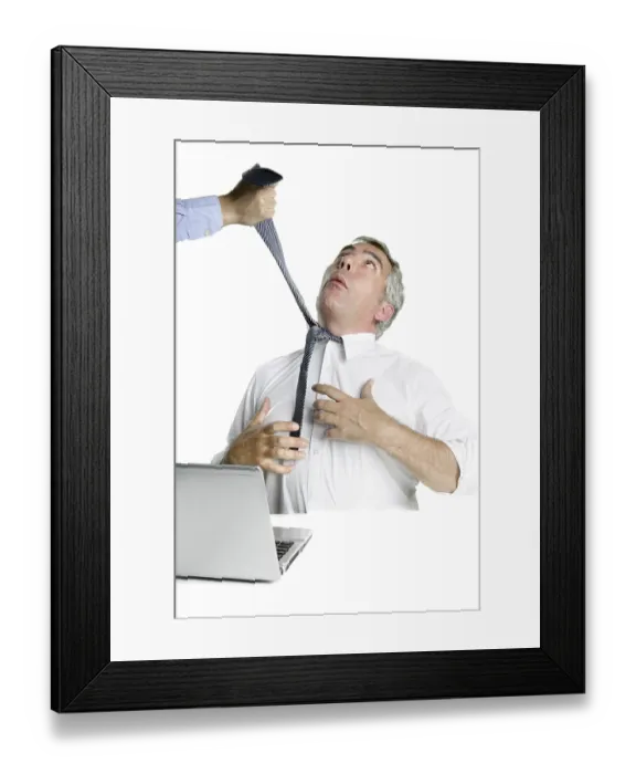 Framed Print : Tie hangman senior businessman stressed white desk background