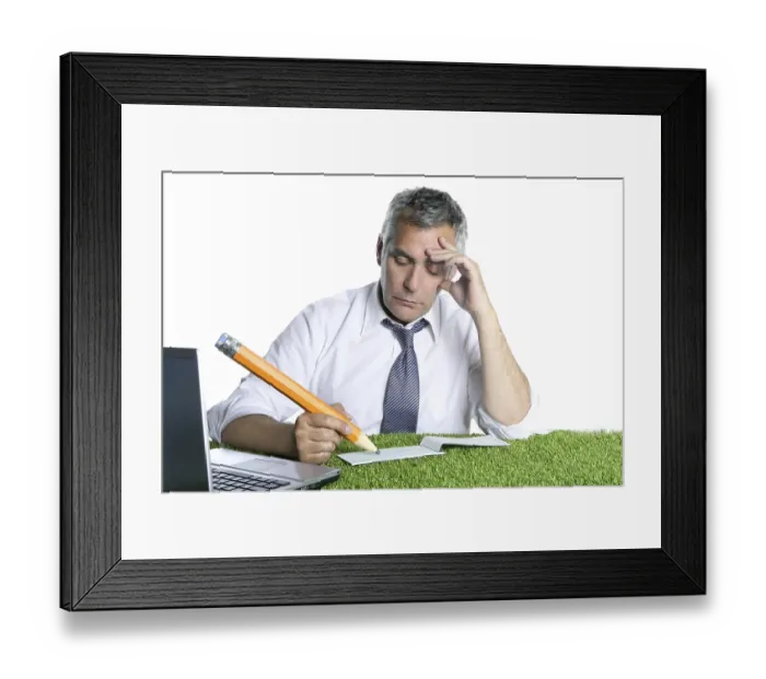 Framed Print : Businessman senior sign bank check pensively humor gesture big pencil green grass desk Framed Print : Businessman senior sign bank check pensively humor gesture big pencil green grass desk