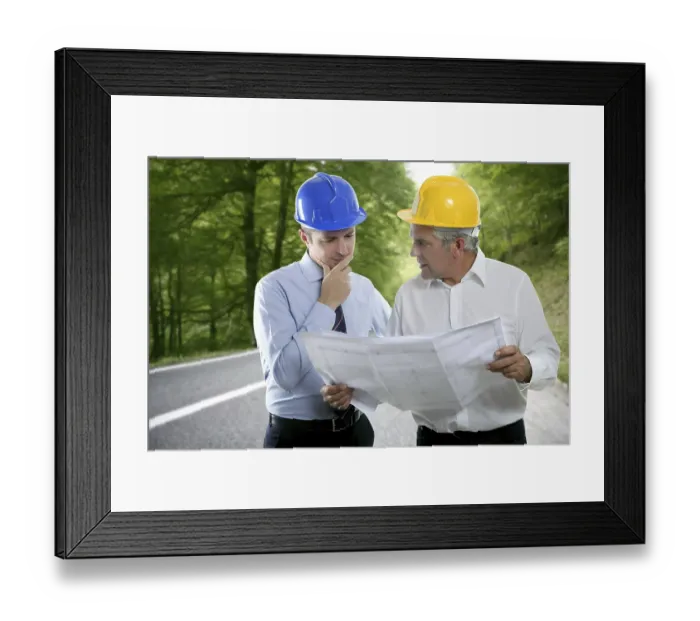 Framed Print : Engineer two expertise team plan talking hardhat forest road Framed Print : Engineer two expertise team plan talking hardhat forest road
