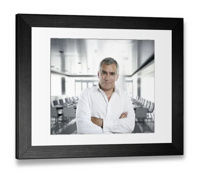 Framed Print : Senior expertise gray hair businessman posing interior white modern office Framed Print : Senior expertise gray hair businessman posing interior white modern office