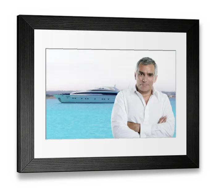 Framed Print : Millionaire senior posing in front a luxury yacht during summer vacation