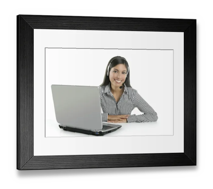 Framed Print : Beautiful young businesswoman talking with headset phone over white background