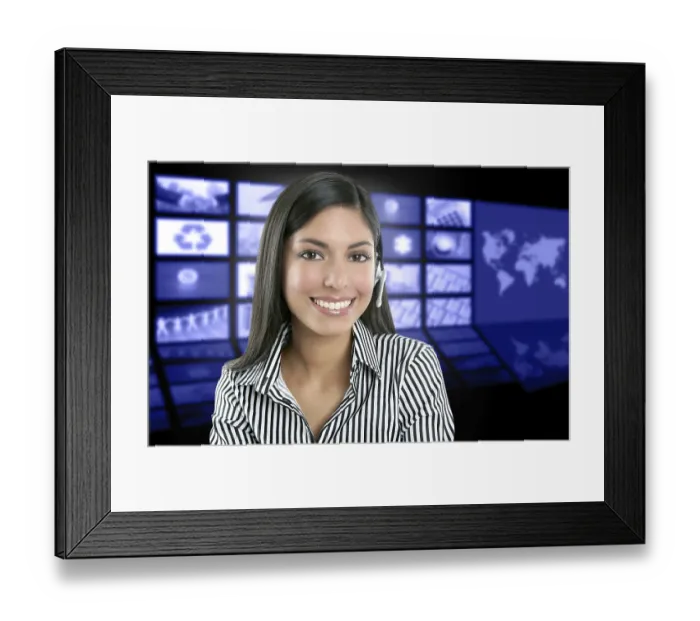Framed Print : Beautiful indian woman television news presenter with multiple screen background
