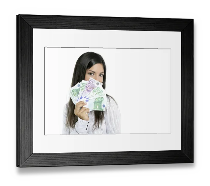 Framed Print : Beautiful sucess businesswoman holding Euro notes isolated on white