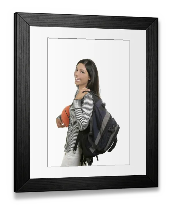 Framed Print : Attractive student woman with bag and basketball ball on white background Framed Print : Attractive student woman with bag and basketball ball on white background