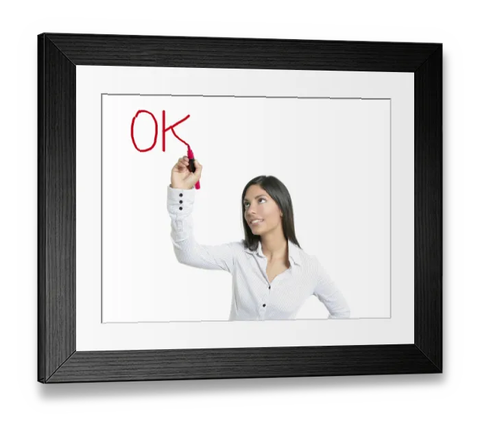Framed Print : Brunette businesswoman writing word OK on a copyspace Framed Print : Brunette businesswoman writing word OK on a copyspace