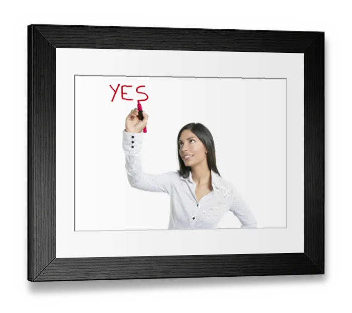 Framed Print : Brunette businesswoman writing word YES on a copyspace