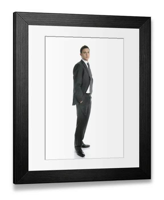 Framed Print : Businessman young stand up, full length on white background