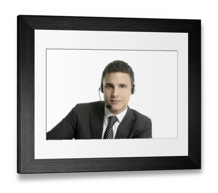Framed Print : Businessman with headphones portrait on help center Framed Print : Businessman with headphones portrait on help center