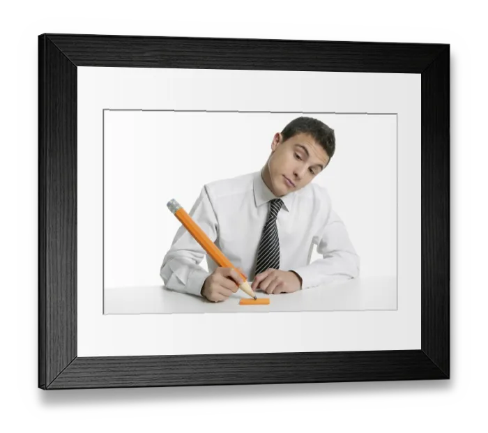 Framed Print : Young businessman student thinking gesture with huge giant pencil Framed Print : Young businessman student thinking gesture with huge giant pencil