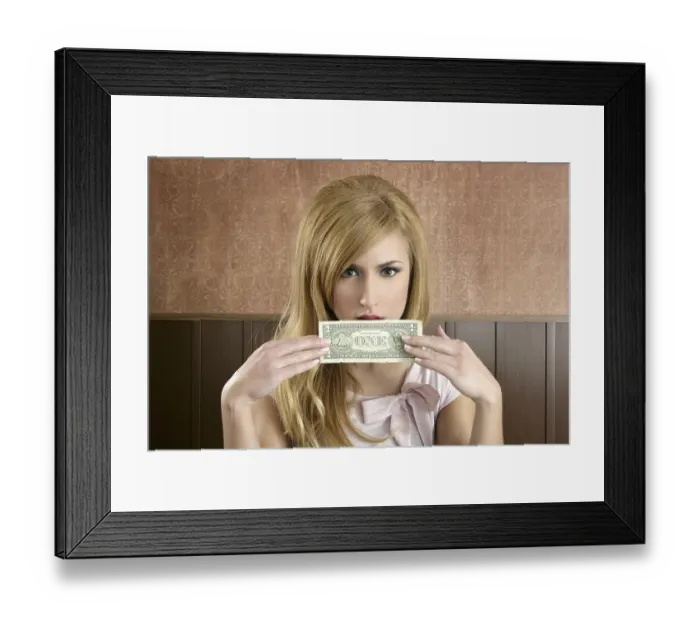 Framed Print : Dollar note retro woman holding hand hiding face vintage office Framed Print : Dollar note retro woman holding hand hiding face vintage office