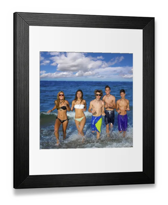 Framed Print : Teenagers group running happy splashing on the beach in summer vacations