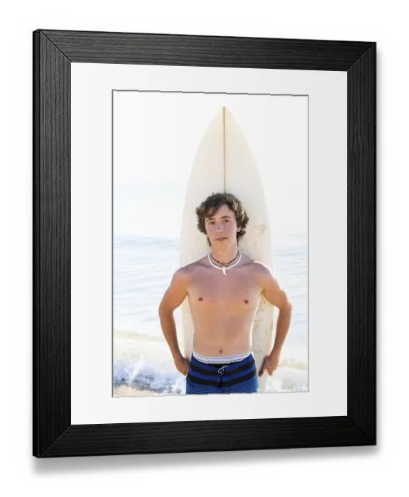 Framed Print : Surfer handsome boy teenager with surfboard in beach shore